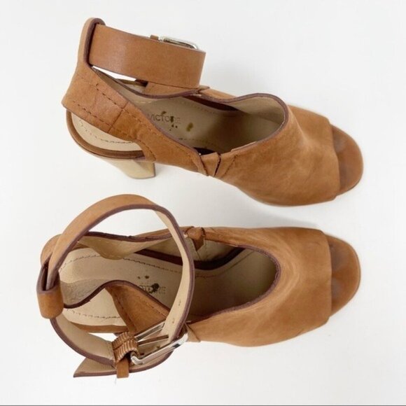 Pour La Victoire Suede Tan Brown 4" Wood Block Heel Peep Toe Mule Ankle Strap 6 - Picture 2 of 12